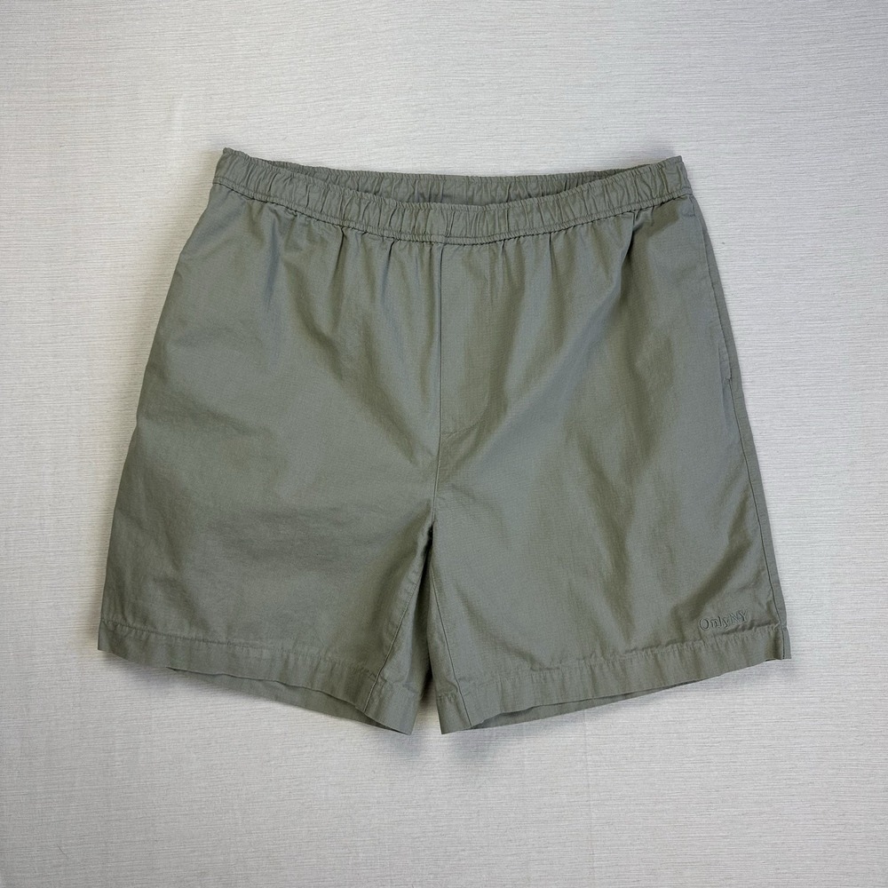 Only NY Drawstring Elastic Waist Shorts Rip Stop Men L Grey Green Pockets